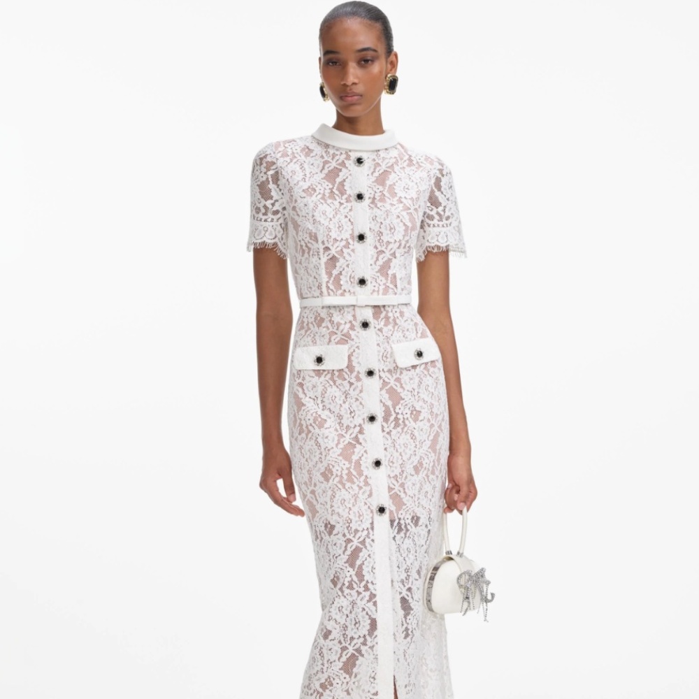 self-portrait White Lace Button Midi Dress Size: US0 - MSRP $615 - NWT